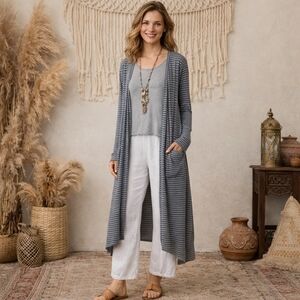 Fenini Gray Striped Cotton Rayon Blend Long Open Front Cardigan | Lagenlook Boho